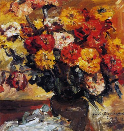 Zinnias i en vase af Lovis  Corinth