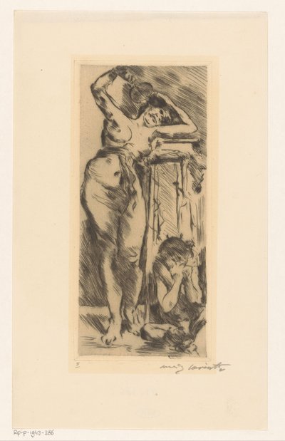 Nøgen kvinde med vifte i hånden og en sammenkrøbet figur til højre af Lovis Corinth (signed by artist)