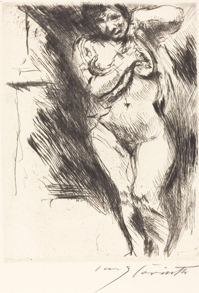 Nøgen med skjorte hævet kvinde klæder sig af, 1921. af Lovis Corinth