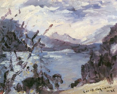 Walchensee med bjergkæde og skråning ved bredden af Lovis Corinth