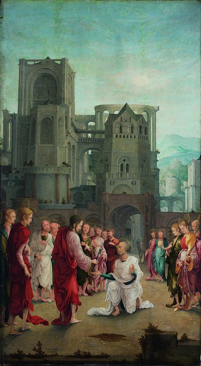 Kristus overdrager nøglerne til St. Peter af Lower Rhenish pupil of Wolf Huber