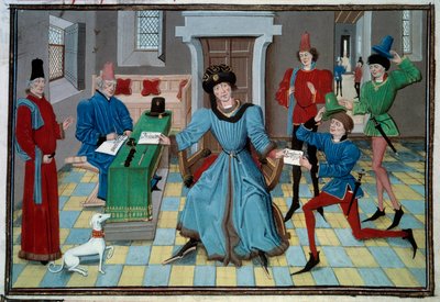 Ankomst af en miniaturebudbringer fra manuskriptet "Renaud de Montauban" eller "Les quatre fils Aymon" af Loyset Liedet (aktiv mellem 1448 og 1478). Fru 5073. Bibliotheque de l