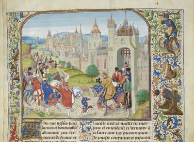 Isabella af Frankrig budt velkommen af sin bror Charles IV til Paris, ca 1470-1475. af Loyset Liedet