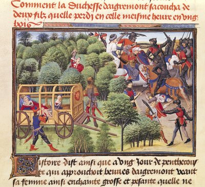 Ms 5072 f.6v Hvordan hertuginden af Aigremont fødte to sønner og mistede dem i samme time i en skov, fra Renaud de Montauban-cyklussen af Loyset Liedet