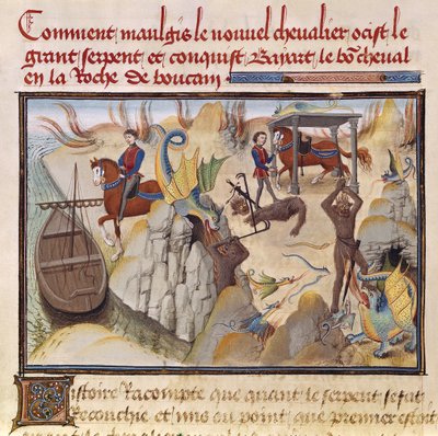 Ms 5072 fol.37v Maugis Fighting the Serpent and Gaining the Enchanted Horse, Bayard, fra Renaud de Montauban-cyklussen af Loyset Liedet