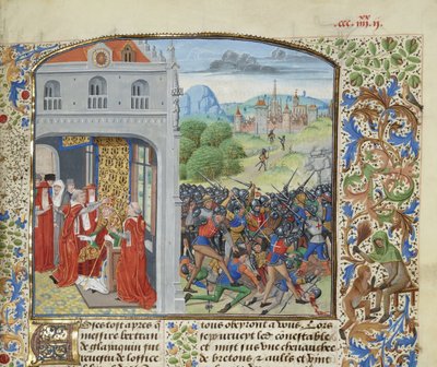 Kroningen af pave Gregor XI og slaget ved Pontvallain, 1370, ca 1470-1475. af Loyset Liedet