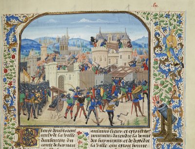 Vilhelm II, greve af Hainaut tager og ødelægger Aubenton, 1340, ca 1470-1475. af Loyset Liedet