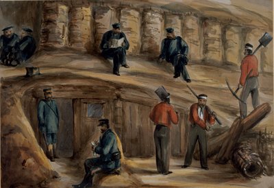 Gunners fra Royal Regiment of Artillery hviler i skyttegravene i Sebastopol, ca. 1855 af Lt. Henry James Alderson