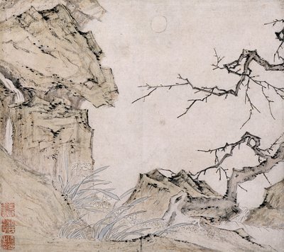Narcissus, blommetræ i et landskab (blæk og farve på papir) af Lu Zhi