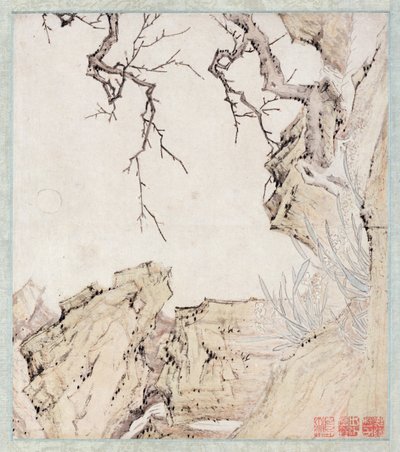 Narcissus, blommetræ og landskab (blæk og farve på papir) af Lu Zhi