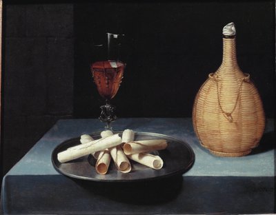 Stillebenswaferdessert af kiks, vinflaske og glas - olie på lærred af Lubin Baugin
