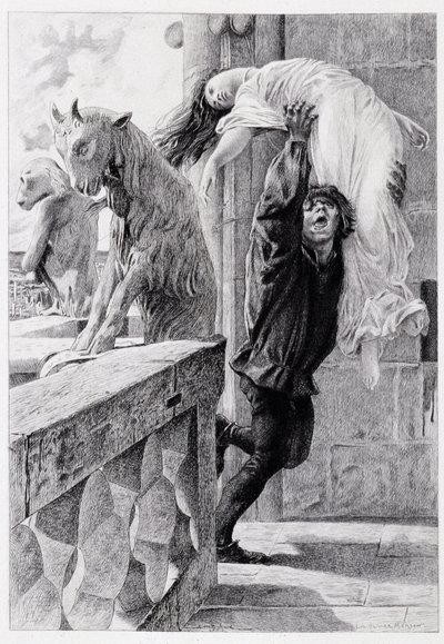Quasimodo ableve Esmeralda - i "Notre Dame de Paris"" af Victor Hugo af Luc Olivier Merson, indgraveret af Gery Bichard, red. E. Testard, Paris af Luc Oliver Merson