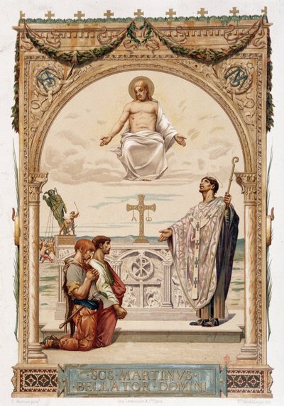 Sankt Martin (Saint Martin) evangelist af Gallien under Kristi øje - chromo. ifølge et maleri af Merson af Luc Oliver Merson