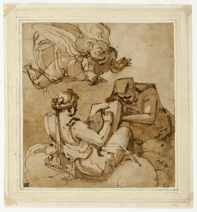 Allegorisk motiv (engel over to sibyller) af Luca Cambiaso