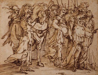 Amazoner med en hest i procession til højre (pen og blæk) af Luca Cambiaso