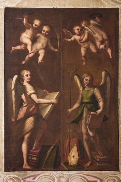 Genova, Duomo (St. Lawrence Cathedral), sakristi, kapel: "Engle med biskoppelige insignier, bøger og palmegrene", af Luca Cambiaso, omkring 1580 af Luca Cambiaso