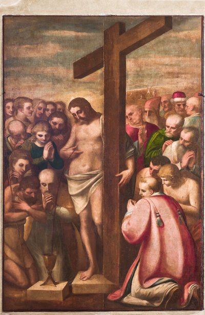 Genova, Duomo (St. Lawrence Cathedral), sakristi, kapel: "Eukaristiske Kristus tilbedt af hellige", af Luca Cambiaso, omkring 1580 af Luca Cambiaso