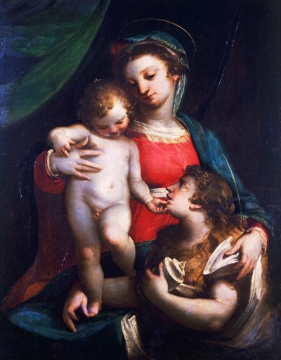 Madonna og barn med Maria Magdalena, af Luca Cambiaso (1527-1585), olie på lærred af Luca Cambiaso