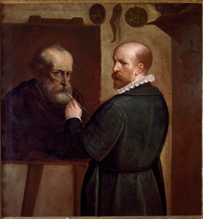 Selvportræt af kunstneren, der laver portrættet af sin far Maleri af Luca Cambiaso (1527-1585) 1570 ca. Sol. 104x97 cm Gener, Musei di Strada Nuova af Luca Cambiaso