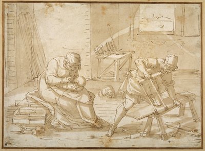 Studie af den hellige familie i snedkerens værksted (pen og brun blæk med brun vask på papir) af Luca Cambiaso
