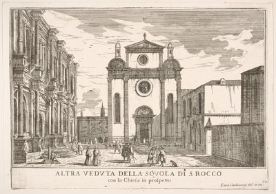 Tavle 38: Udsigt over facaden af kirken St. Roch og til venstre facaden af Schoo..., 1703. af Luca Carlevarijs