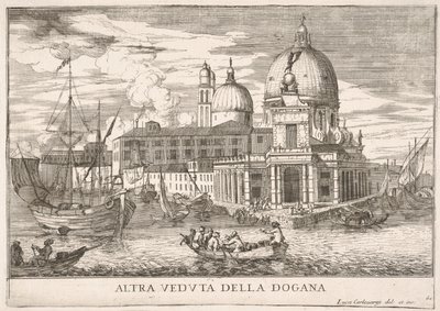 Plade 61: Udsigt over toldstedet Dogana da Mar ved sammenløbet af Canal Grande a..., 1703. af Luca Carlevarijs