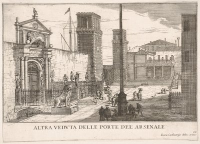 Plade 63: Udsigt over porten til skibsværftet og våbenhuskomplekset Arsenale, Venedig, 1703, fr..., 1703. af Luca Carlevarijs