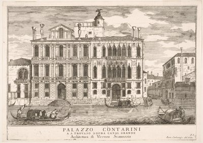 Plade 85: Udsigt over Contarini-paladset i Campo San Trovaso, Venedig, 1703, fra The build..., 1703. af Luca Carlevarijs