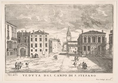 Plade 95: Udsigt over Campo Santo Stefano med Loredan-paladset og Morosini-paladset, Venedig ..., 1703. af Luca Carlevarijs