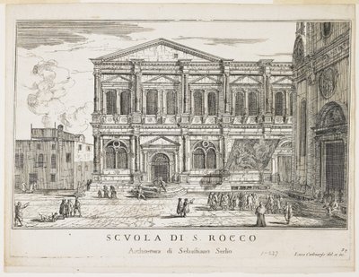 Udsigt over broderskabet i St. Rocco, plade fra The Buildings and Views of Venice, 1703, 1750-53 af Luca Carlevaris