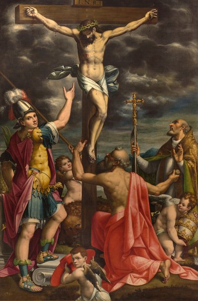 San Fermo-alter, korsfæstelse med de hellige Fermo Jerome og pave Gregor XIV, Luca Cattapane 1593 af Luca Cattapane