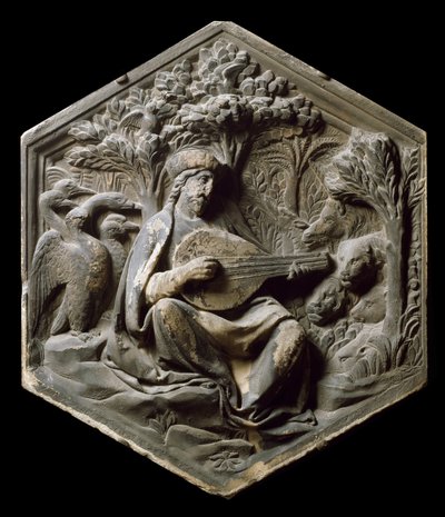 Allegory of Music som Orphee Skovens dyr lytter til Orphee, der spiller lut. Høj relief af Luca della Robbia af Luca Della Robbia