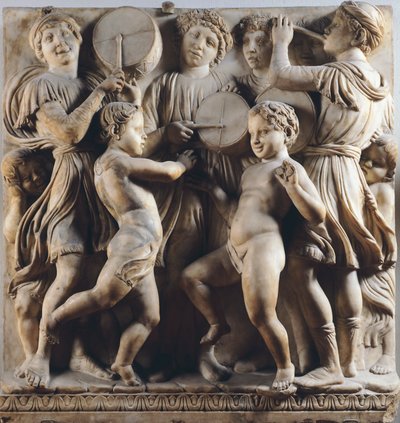 Børn og keruber danser, synger og leger, detaljer af Cantoria (korgalleri) af Luca Della Robbia