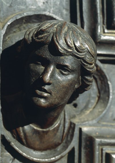 Leder af Giuliano de Medici, detalje fra bronzeværk på dør af Luca della Robbia (1400-1481). Nyt sakristi, katedralen Santa Maria del Fiore, Firenze. Italien af Luca Della Robbia