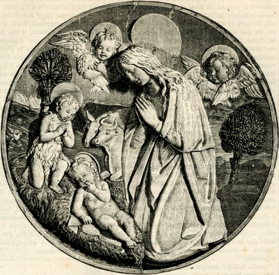 Madonna i tilbedelse af barnet med spædbarnet Johannes Døberen og keruber, af Luca della Robbia (1399/1400-1482), Prato, Toscana, Italien, træsnit fra Le cento citta d