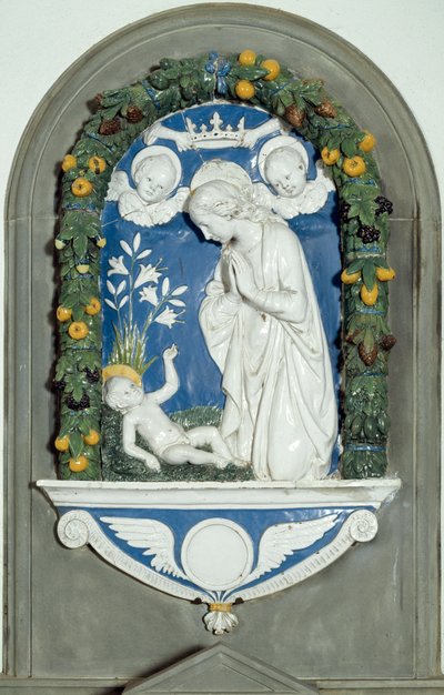 The Virgin Adoring the Child High Relief af Luca della Robbia (1400-1482) Sanctuary of Verna fra det 15. århundrede, Italien af Luca Della Robbia