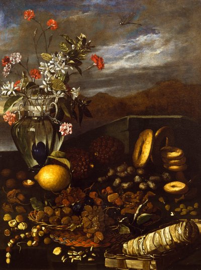 Stilleben med tørret frugt, blomster og landskab, af Luca Forte (1610-1670) af Luca Forte