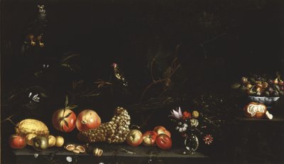 Stilleben med frugt, blomster, en høg og en guldfinke, 1620-30 af Luca Forte