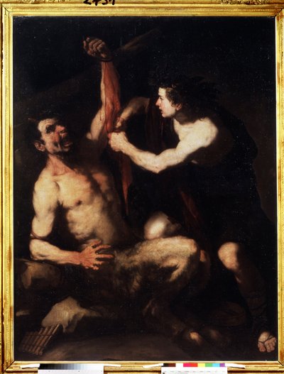 ""Apollo og Marsyas"" Apollo, efter at have vundet udfordringen mod Marsyas, får ham flået og derefter smidt ind i en hule. Maleri af Luca Giordano (1632-1705) omkring 1650. Manierisme. Pushkin Museum, Moskva af Luca Giordano