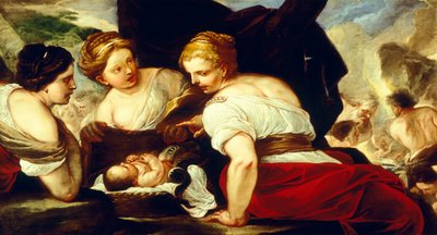 Daughters of Cecrops åbningskurv med baby Erichthonius, af Luca Giordano (1634-1705), olie på lærred, 76,5x133,5 cm af Luca Giordano