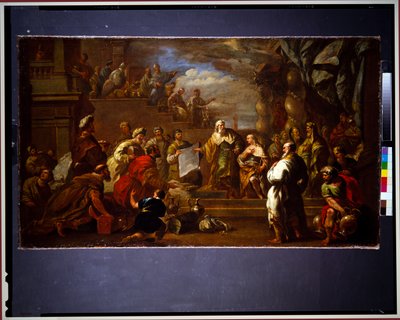David viser Salomo planerne for templet (lærred) af Luca Giordano