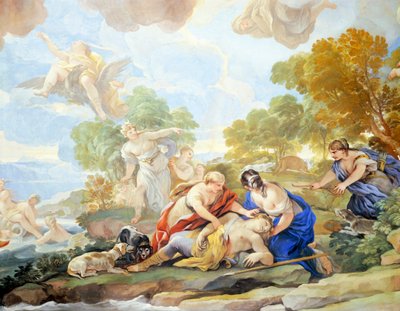 Death of Adonis, detalje af cyklus af fresker i Hall of Mirrors af Luca Giordano (1634-1705), fresco, Palazzo Medici Riccardi, Firenze af Luca Giordano