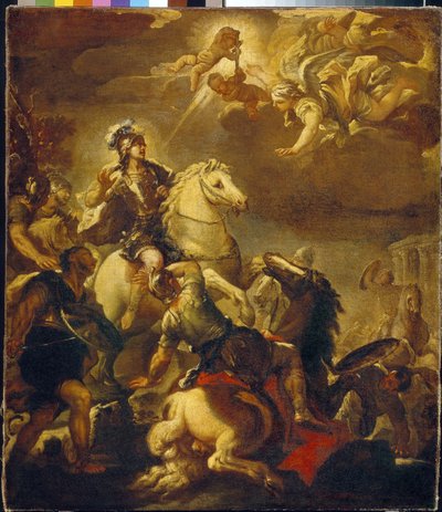 Korsets tilsynekomst for kejser Konstantin (Flauius Valerius Aurelius Constantinus, 272-306). (Korsets åbenbaring for kejser Konstantin). Maleri af Luca Giordano (1632-1705), olie på lærred, ca. 1680. Italiensk kunst (Napoli) af Luca Giordano