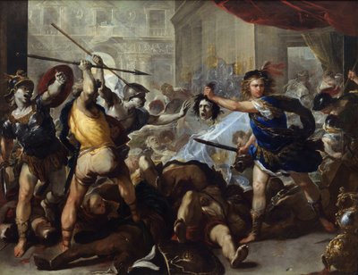 ""Perseus forvandler Phineas og hans fjender til sten ved at vifte hovedet af Medusa foran dem"" (Perseus forvandler Phineas og hans tilhængere til sten) Maleri af Luca Giordano (1632-1705) omkring 1680 National Gallery, London af Luca Giordano