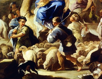 Får og hyrder, detalje fra Rebeccas afrejse til Kanaan, af Luca Giordano (1634-1705), olie på kobber, 59x85 cm af Luca Giordano