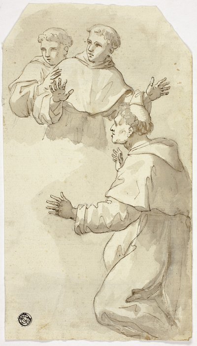 Tre forskrækkede munke, en knælende, to stående af Luca Giordano