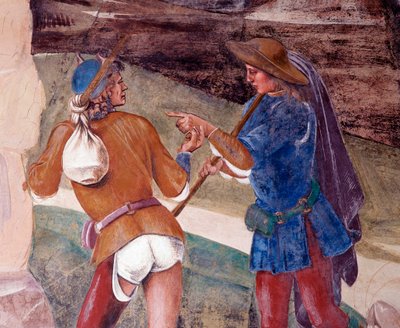 Benedikt formaner broren til munken Valerian, som har brudt sin hurtige Detail Cloister-fresko lavet af Luca Signorelli (ca. 1445-1523), der fortæller om livet for Saint Benedict of Nursie (480 - 567) grundlægger af Benediktinerordenen 1497-1498 Abbey of M af Luca Signorelli