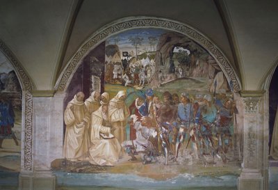 Benedikt opdager Totilas bedrag, scene fra St. Benedikts liv af Luca Signorelli