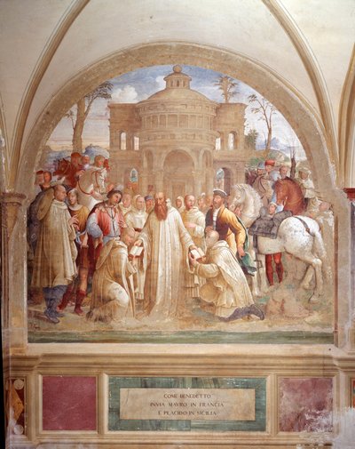 Benedikt sender Maurus i Frankrig og Placid på Sicilien (Benedict sender Maurus i Frankrig og Placid på Sicilien) Fresko af klostret lavet af Luca Signorelli, der fortæller om livet for Sankt Benedikt af Nursie (480 - 567), grundlægger af Benediktinerorden af Luca Signorelli