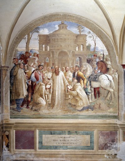 Benedikt sender Maurus i Frankrig og Placid på Sicilien (Benedict sender Maurus i Frankrig og Placid på Sicilien) Fresko af klostret lavet af Luca Signorelli, der fortæller om livet for Sankt Benedikt af Nursie (480 - 567), grundlægger af Benediktinerorden af Luca Signorelli
